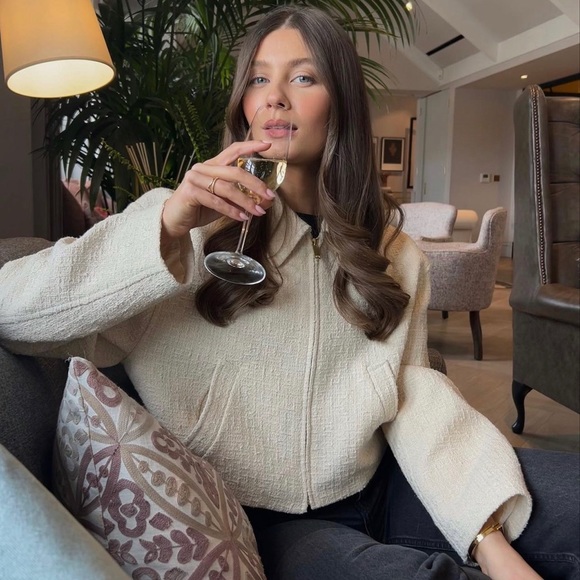 Zara Ecru Textured Weave Bomber Jacket - Picture 12 of 17